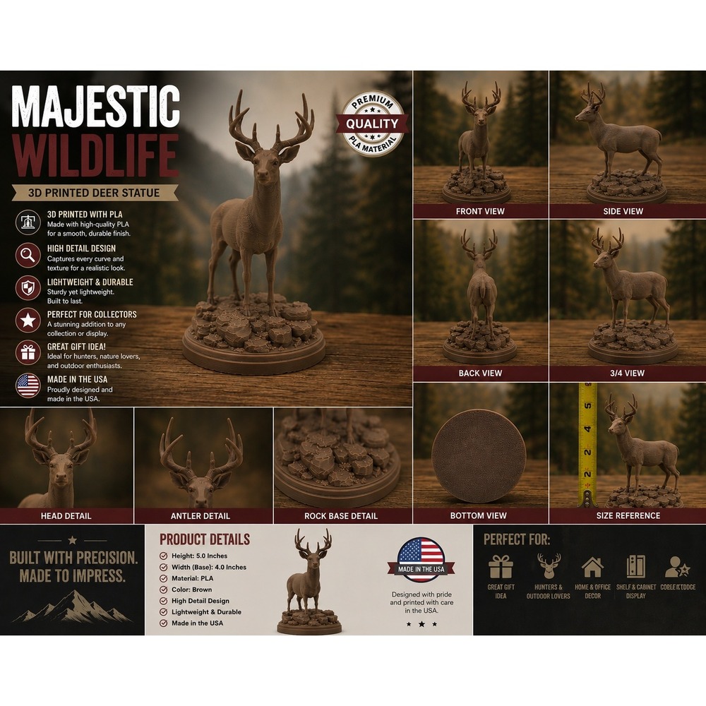 Majestic Wildlife 3D Printed Deer Statue Brown Buck Figurine 5 Inch Made in USA